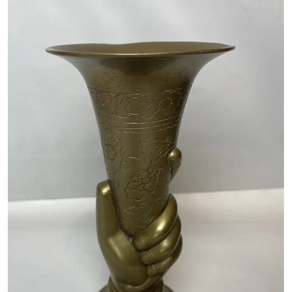 Vintage 20th Century Chinese Brass Vase Grasping Motif Hand Engraved‎